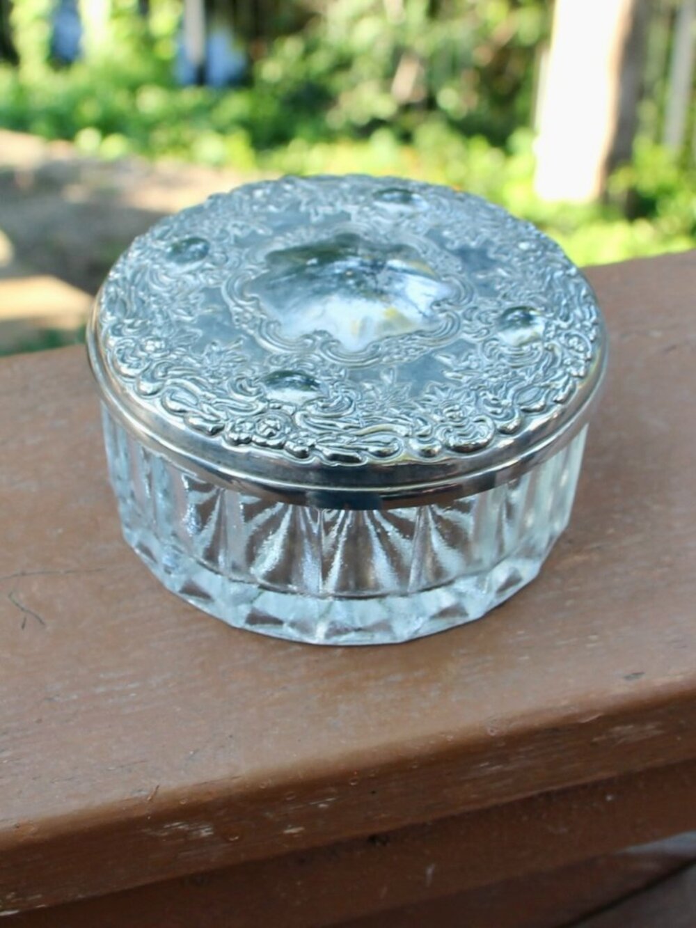 Vintage round cut glass box with silver plate lid